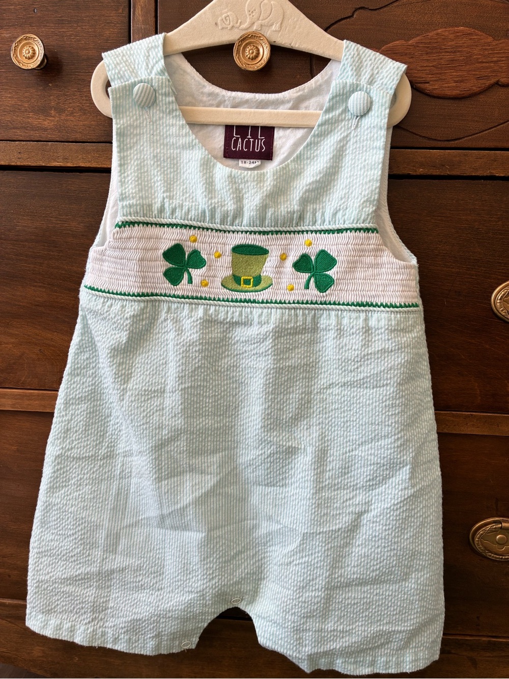 Lil Cactus Light Green Seersucker Baby Romper with Shamrock Smocking